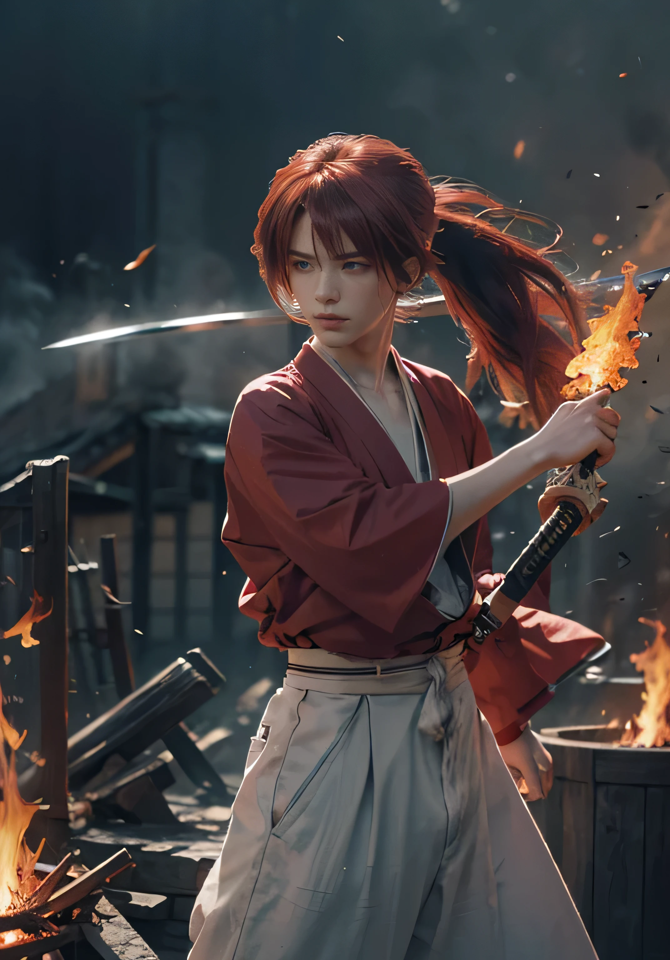 Design amazing postereatures kenshin as the protagonist "Rurouni Kenshin" In the heat of the moment. Capture the essence of his burning determination and indomitable spirit. For he unleashed his anger. Action with a straight sword in hand, Keep it short, Bold, And strongly convey the raw power of Kenshin's anger. Long Hair, ponytail, Red Hair, katana, cross sign in left cheek, High quality, photorealistic, 20-year-old man, holding a Katana in his hand, surrounded by fire. The man has a determined posture, He is wearing a red kimono with intricate patterns, paired with a white hakama .The lighting is realistic, emphasizing the intensity of the scene.