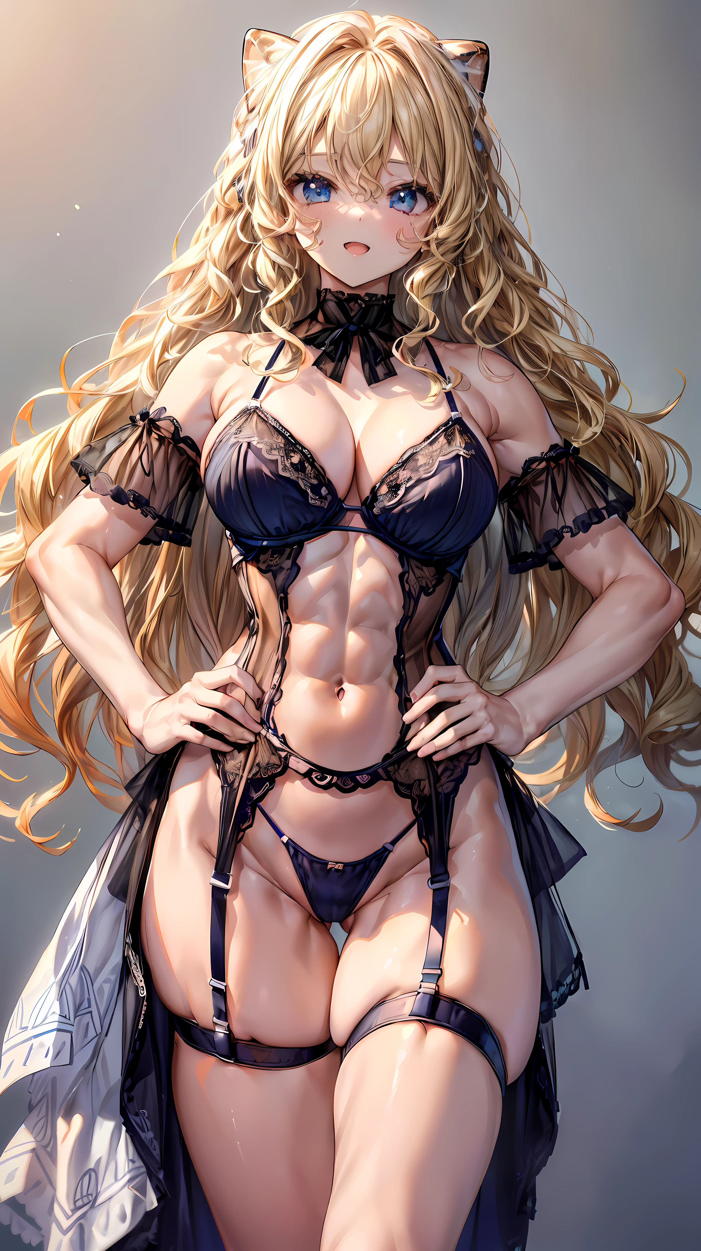 (Adult women:1.5)、Very detailed、highest quality、Best image quality、masterpiece、8k、Anime Face、A kind smile、(Open your mouth:1.3)、Sparkling blue eyes、(Blonde Wavy Hair:1.5)、、Muscles of the whole body、(High leg:1.5)、Thigh belt、(Wearing lingerie:1.5)、(Cowboy Shot:1.5)、SFW Giant、(Put your hands on your hips)