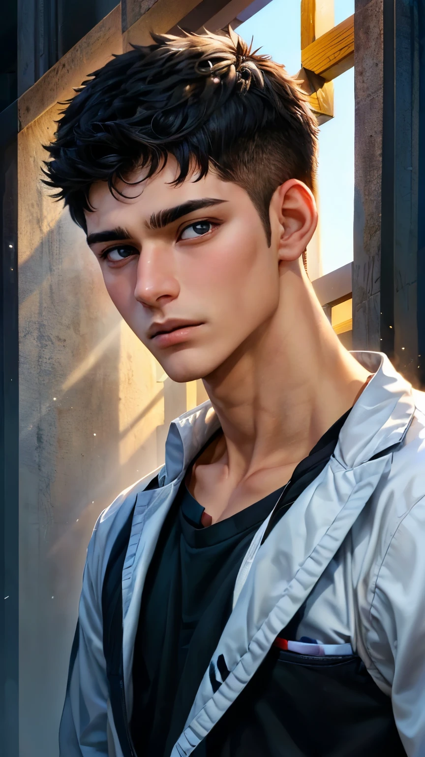 A male face, 18 years old, from Argentina, with black eyes, a wide forehead, and a sharp chin. The facial features are concentrated in the front of the face. He has straight black hair and medium skin tone. No distinctive facial features. Expression: neutral.