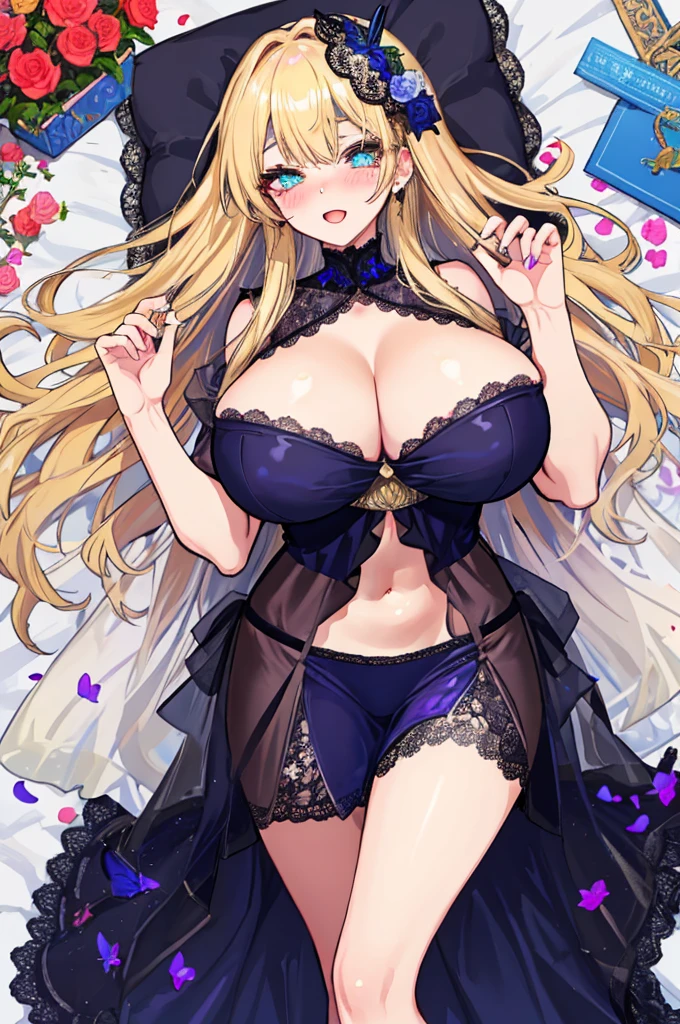 A woman with big ,Gorgeous woman,Mature(()),Long blond hair,Exquisite,Cleavage,Lace Eye Mask,Transparent nightdress,Slim waist,Showing belly,Smooth legs,blush,ahegao,Lying in the flowers,Colorful flowers,