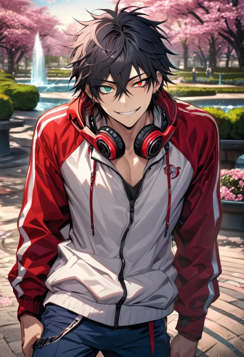 absurdres, highres, ultra detailed, HDR, master piece, best quality, extremely detailed face and eyes, Yamada Ichiro, chin length black hair, Hypnosis Mic, heterochromia, right eye is red, left eye is green, a white hoodie with two zippers, red varsity jacket, red headphones around his neck, blue pants, solo, sexy man, toned chest, handsome, smile, pink flowers, park, cherry blossom, fountain