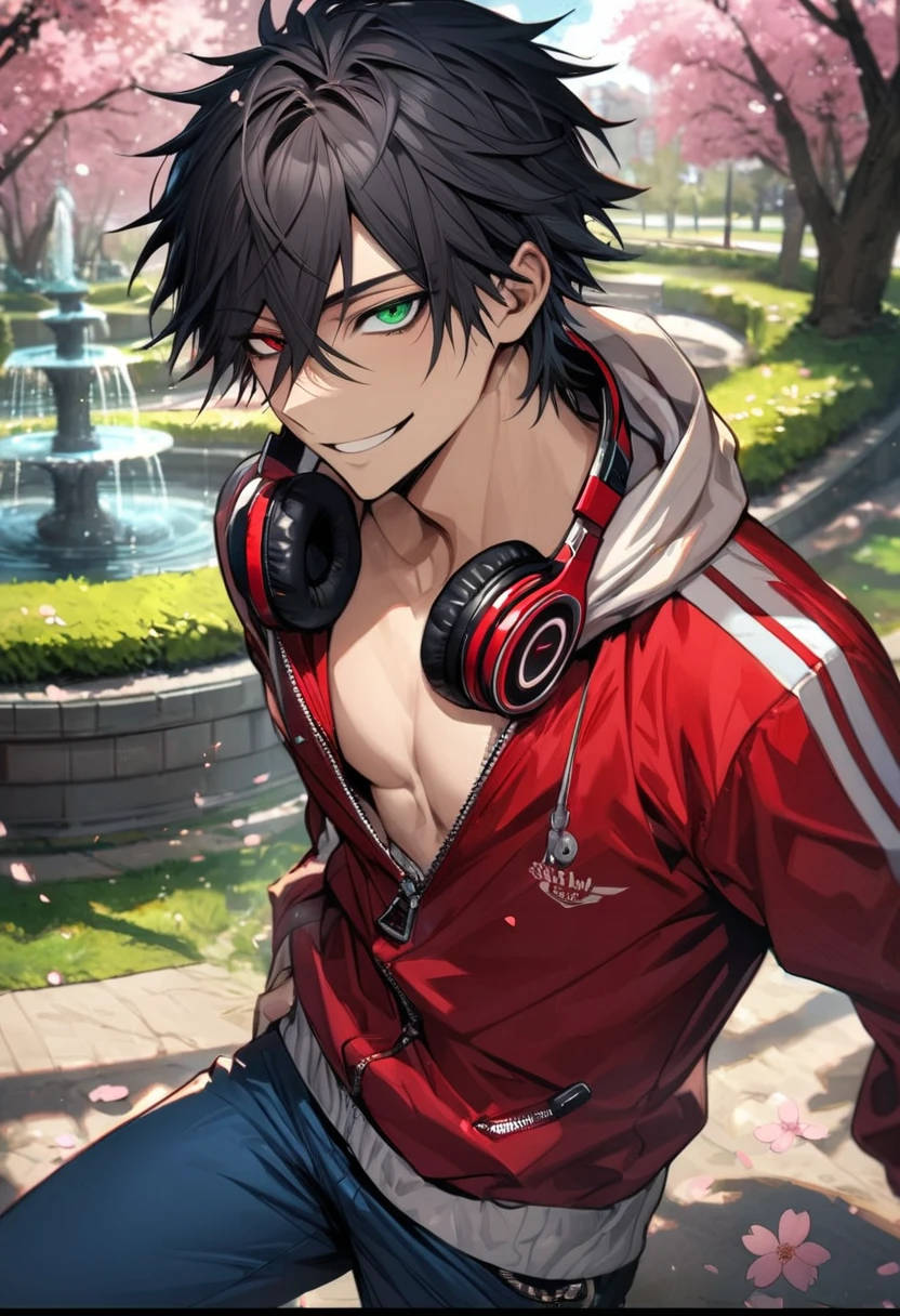 absurdres, highres, ultra detailed, HDR, master piece, best quality, extremely detailed face and eyes, Yamada Ichiro, chin length black hair, Hypnosis Mic, heterochromia, right eye is red, left eye is green, a white hoodie with two zippers, red varsity jacket, red headphones around his neck, blue pants, solo, sexy man, toned chest, handsome, smile, pink flowers, park, cherry blossom, fountain