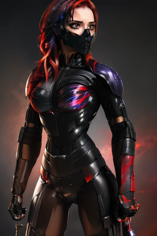 (mandohelmet) woman holding a sword with omitting lightening from the blade
(((red hair, black hair, multicolored hair)))