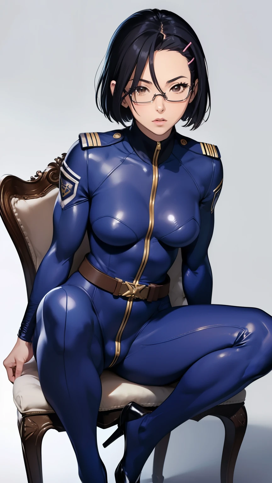 (masterpiece, best quality:1.2),(photoreal),perfect anatomy,solo, 1 middle age woman, (Niimi Kaoru),(looking at viewer),((small breasts:1.4)),((saggy breasts:1.2)),((muscular:1.7)),((do not hide your crotch)),((do not show your skin)),(cod lips),holding head high,((Sitting on the high back chair)),((leaning back)),(spreading legs:1.2),hairclip, glasses,((full covered body suit)),ultra thin fabric jump suit, uniform,belt,high heel,horizontal angle,sharp focus,full body shot