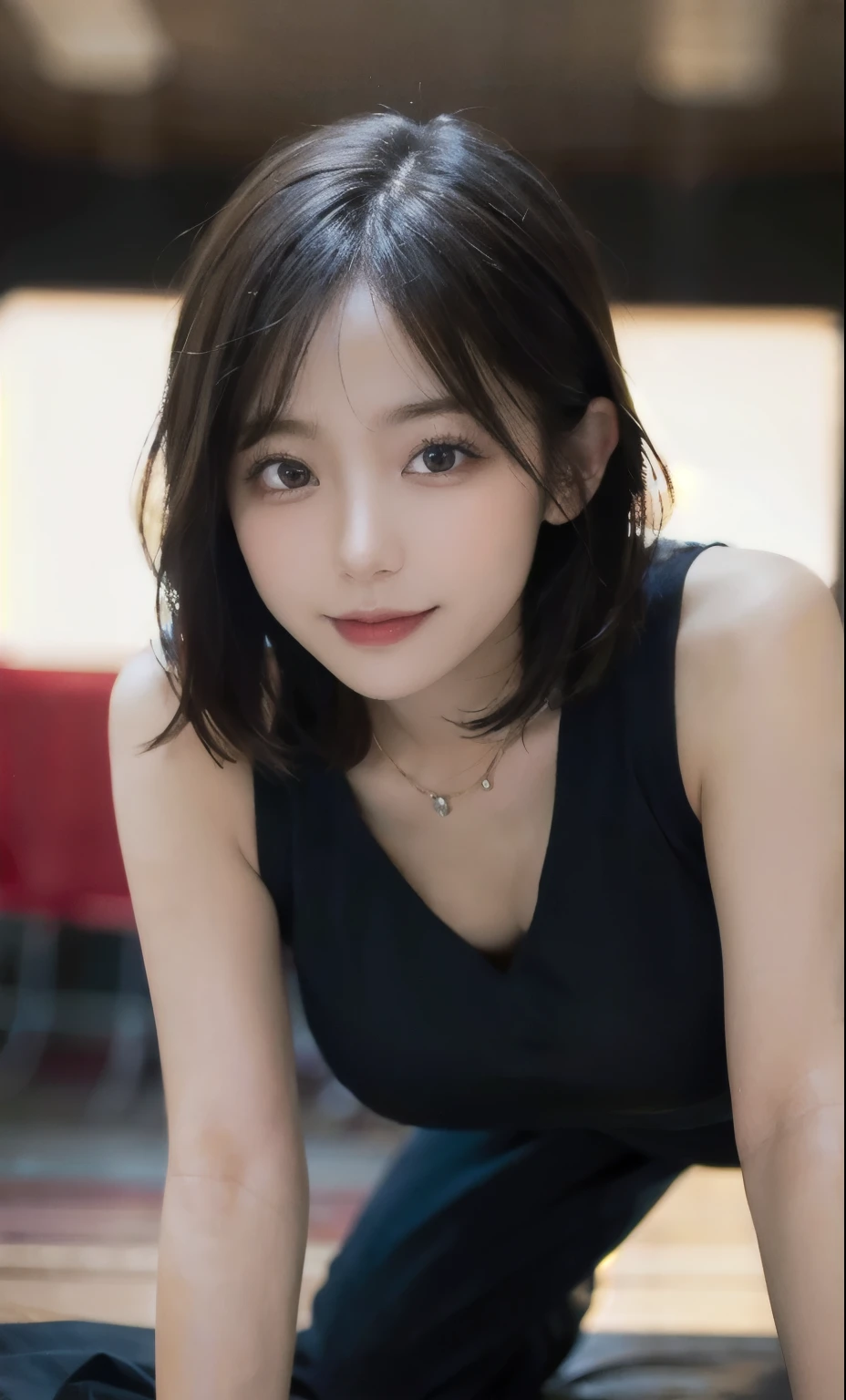(RAW Photos: 1.2), highest quality, Beautiful detailed girl, underwear, smile, short hair, On all fours, blue underwear, Highly detailed eyes and face, Beautiful details, Large file size, High resolution, 8k wallpaper, Finer details, highly detailed ticker uniform 8k wallpaper, Light on the face, Cinema Lighting, 18-year-old girl, Sexy pose, (Photorealism: 1.4), shape, Super Detail