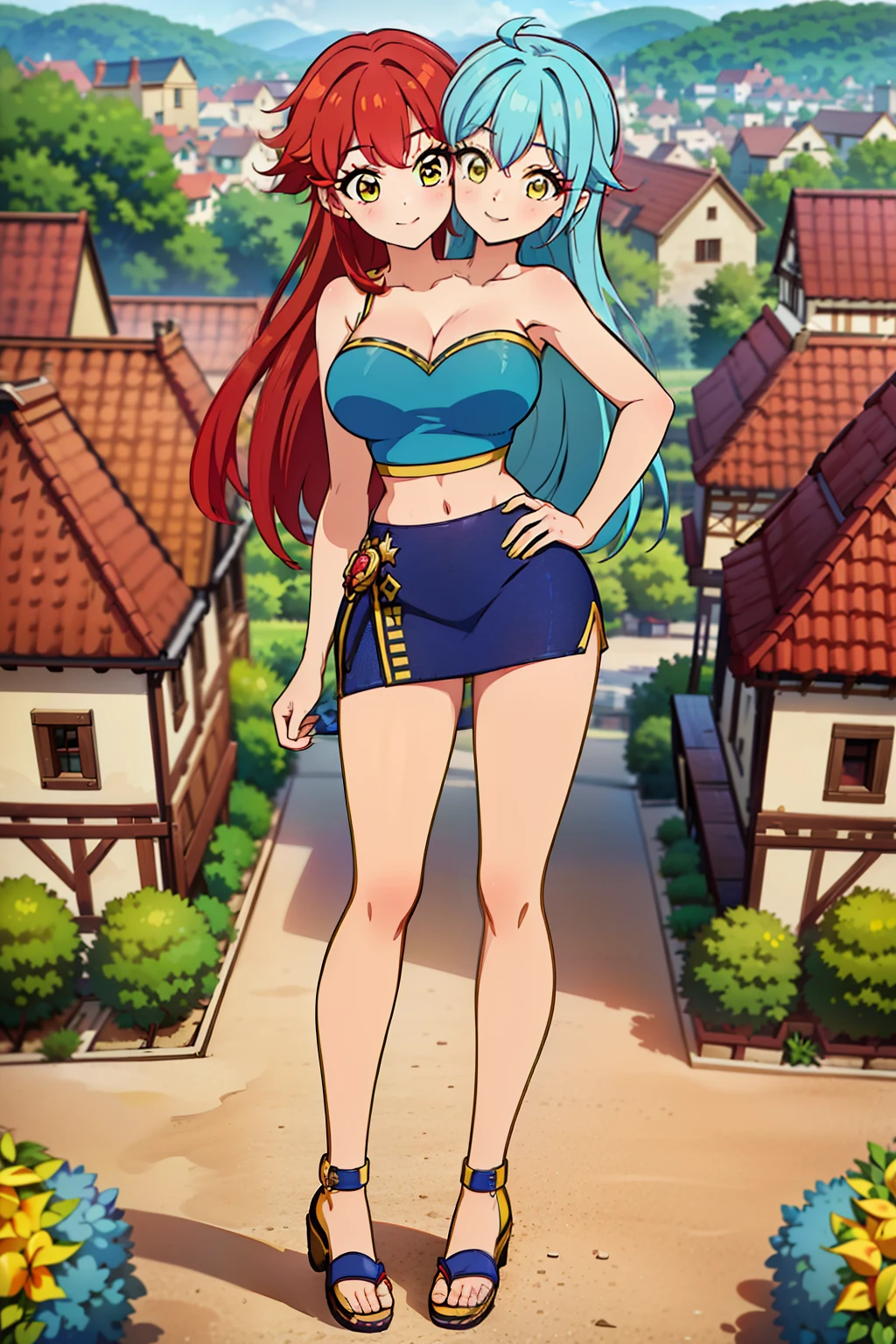 best quality, (masterpiece),(ultra-detailed), (high quality), (high resolution), ((2heads:1.5)), best quality:1.5, highres, UHD, 16K), ((two headed woman)), smiling, highres, masterpiece, ((vibrant red hair:1.5)), ((vibrant blue hair:1.5)), ((different hair colors)), cleavage, ((yellow crop top:1.5)), lustrous and smooth skin, seductive silhouette, rpg fantasy dress, sexy proportions, Beautiful girl with accentuated slender abs, ((full body)), long legs, ((village background:1.5)), ((exposed midriff)), body con dress, strapless, sleeveless, yellow eyes, ((long hair)), ((sandals))