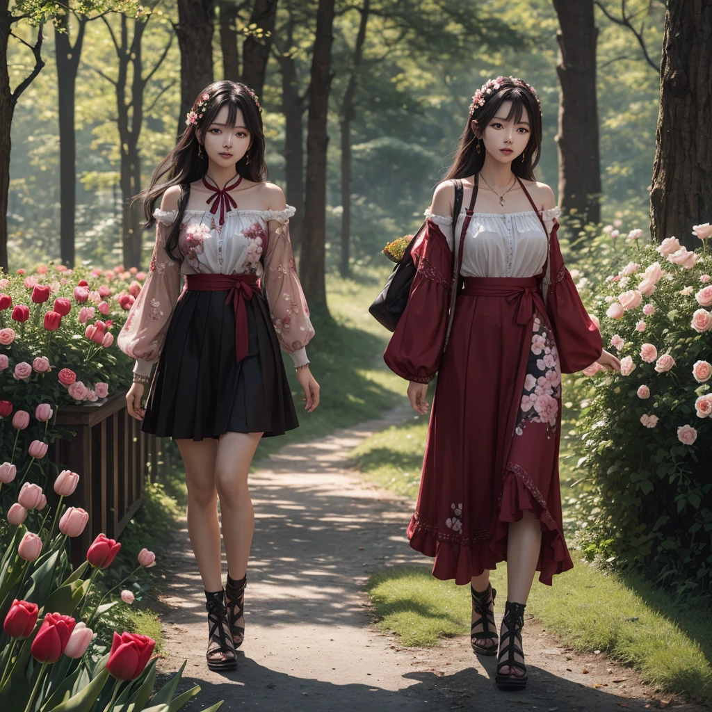 Imagine a character, born in the forest, she is a mixture of human and flower, her face and clothes are a mixture of various flowers such as roses, cherry blossoms and tulips, full body character, focus more on the character than on the scenery , 4K, detailed, vibrant