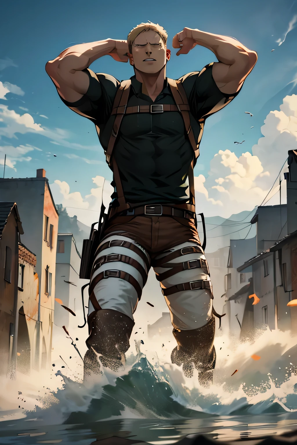 Reiner Braun from attack on titan is flexing his arms in a black shirt