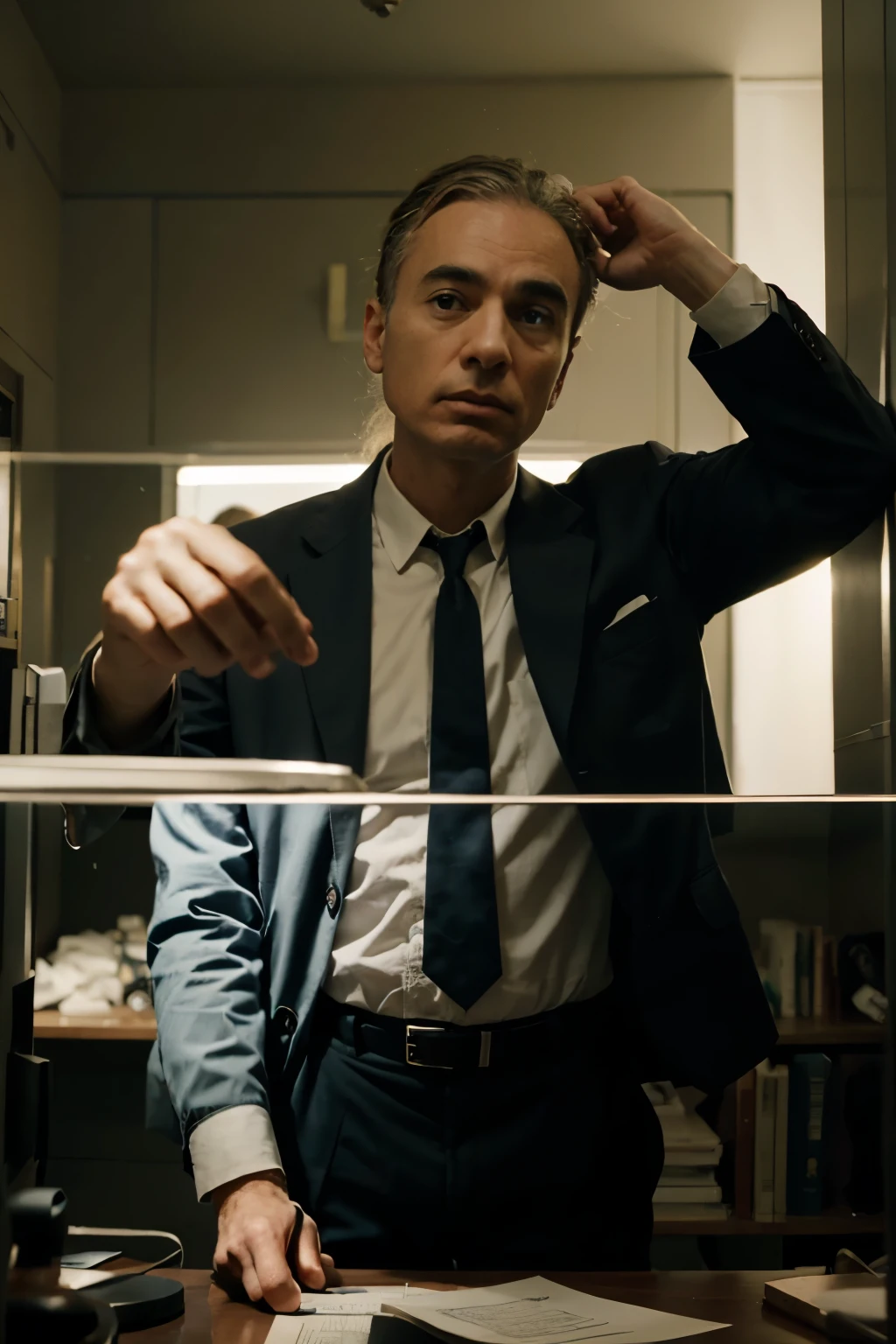 Create a sequence of images related to the ethical and logical debate present in the film Oppenheimer 