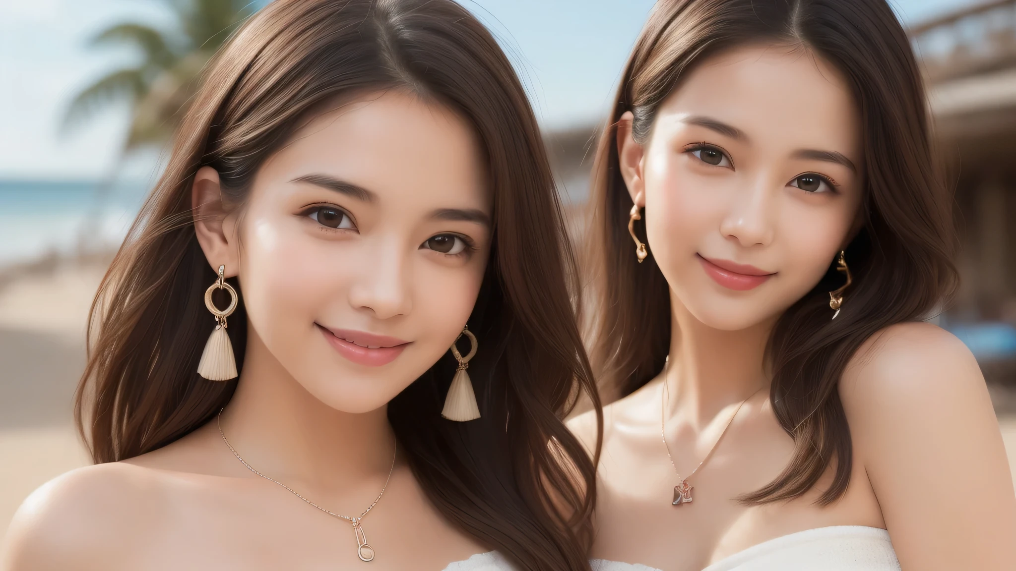 (1girl), brown eyes, A very neat face, (cute smile:1.2), (innocent smile:1.2), (highly detailed eyes, highly detailed face), (flat chest, Tube top:1.2), accessories, necklace, earrings, (hyper-realistic, hight resolution), (best Quality:1.4), model, Enchanting, beach, (Fine face:1.2),