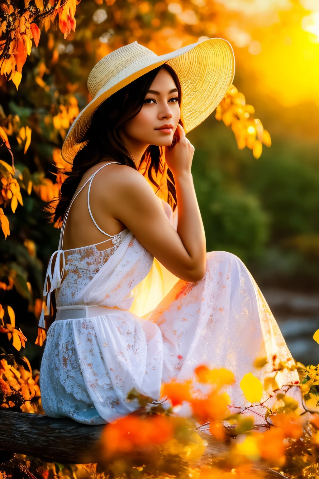 Realistic painting of a woman in a vibrant flower hat, sipping from a delicate glass, seated gracefully on a sturdy tree branch under a sunset sky. The tree's yellow leaves cascade around her, bathed in warm golden hues from the setting sun. The woman's serene expression and the intricate details of her attire add to the tranquil scene. S2, high resolution, impressionistic, soft focus, warm colors, detailed background, scenic, peaceful, breathtaking, sunset, nature, female portrait, elegant, relaxing, tranquil.