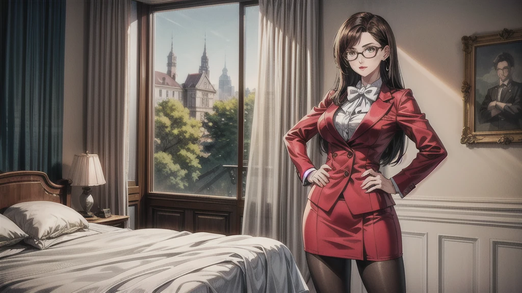 highres, high quality, intricate details, cinematic lighting, shiny,  retro artstyle,
MaiKannazuki, 1girl, mature female, solo, standing, hands on own hips,
(looking at viewer:1.1), closed mouth, determined,
brown hair, long hair, (single sidelock:1.2),  brown eyes, earrings, red lips, glasses,
red blazer, bowtie, puffy long sleeves, red miniskirt, grey pantyhose,
large breasts,
indoors, luxury room, window, mansion, wall,
