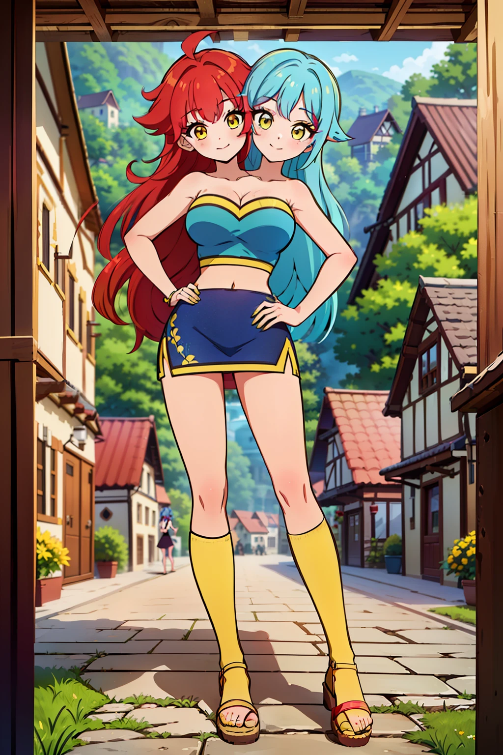 best quality, (masterpiece),(ultra-detailed), (high quality), (high resolution), ((2heads:1.5)), best quality:1.5, highres, UHD, 16K), ((two headed woman)), smiling, highres, masterpiece, ((vibrant red hair:1.5)), ((vibrant blue hair:1.5)), ((different hair colors)), cleavage, ((yellow crop top:1.5)), lustrous and smooth skin, seductive silhouette, rpg fantasy dress, sexy proportions, Beautiful girl with accentuated slender abs, ((full body)), long legs, ((village background:1.5)), ((exposed midriff)), body con dress, strapless, sleeveless, yellow eyes, ((long hair)), ((sandals))