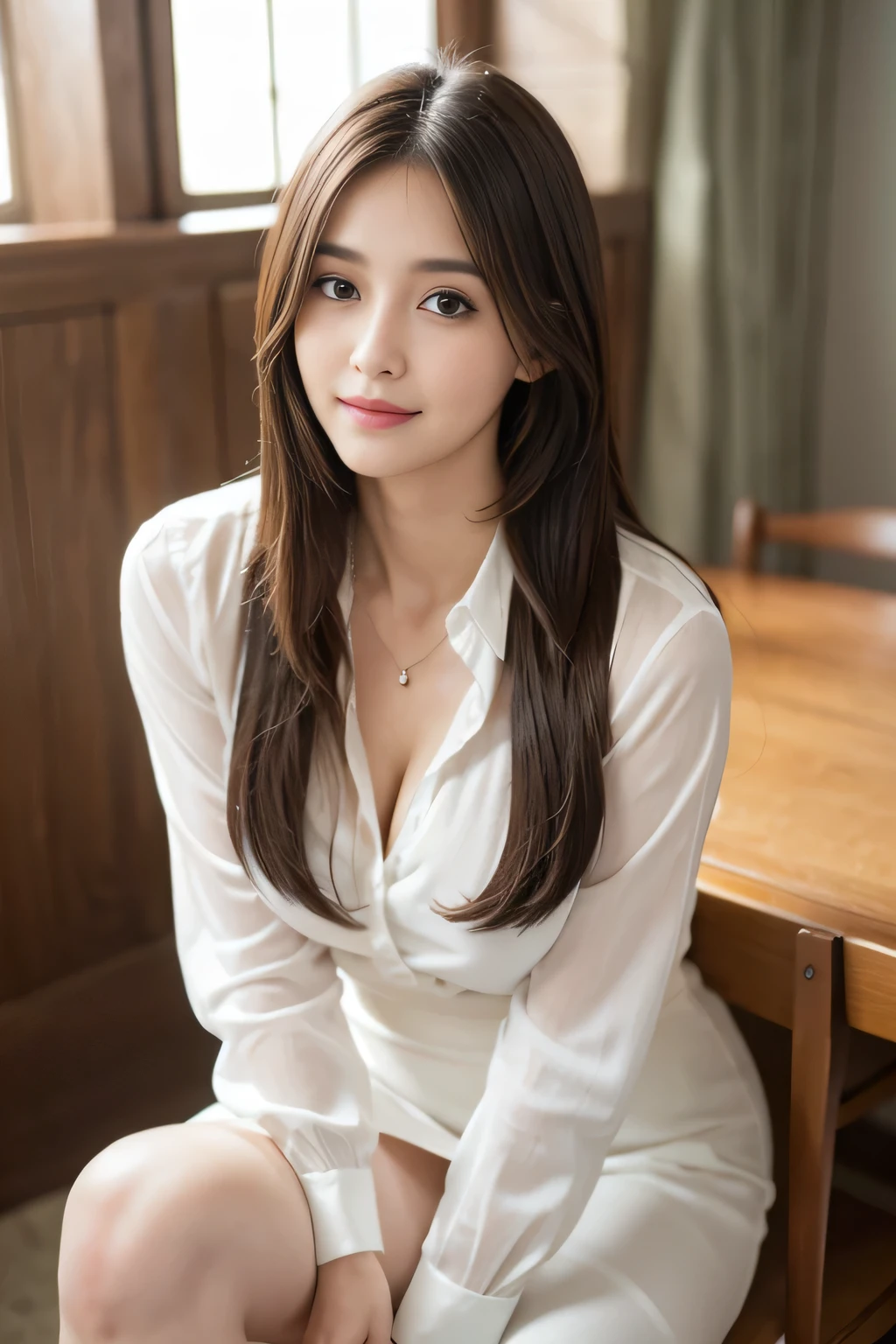 (RAW Photos), (Realistic), (masterpiece), (highest quality), High resolution, 8k, (Intricate details), (Volumetric Light), Portraiture, woman, Age 25, Medium Hair, Straight hair, Layered Hair, Brown Hair, Very beautiful eyes, Source order, Very thin eyebrows, Very fine skin, Very beautiful mouth, Very nice nose, Cute like an idol, Cleavage、smile, (Thick lips), (Looking at the audience), (White collared dress shirt), Above the knee shot,Slender figure、