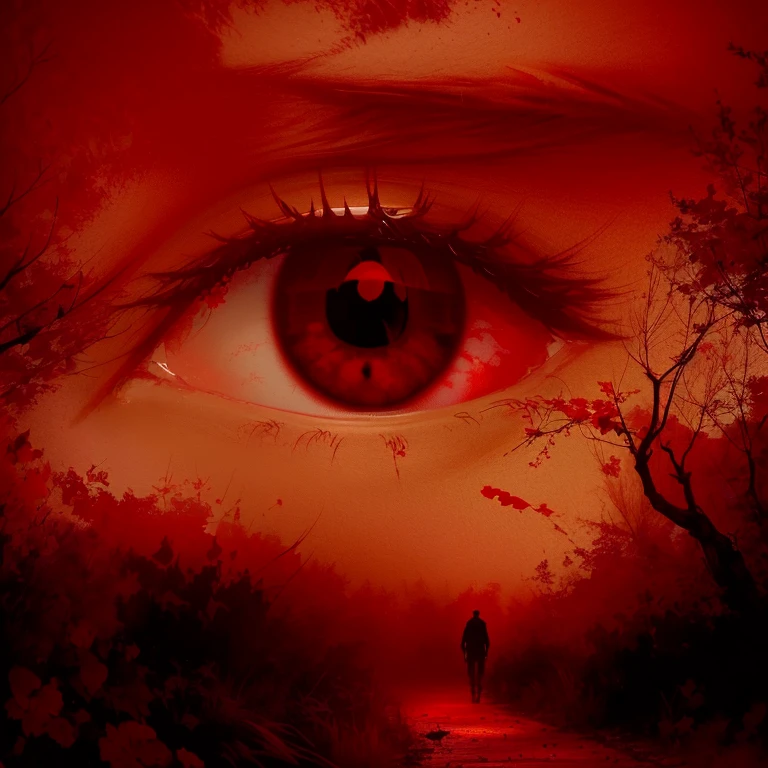 there is a man walking in the dark with a Red Eye, Kamokuchi, Red eyes, Red glowing eyes, blood Red Eyes, large Red Eyes, Red Eyes, fiery scorching Red Eyes, fully Red Eyes, Red Eye, deep Red Eyes, with a Red Eyes, watery Red Eyes, bright Red Eyes, Red eyes, Red eyes
