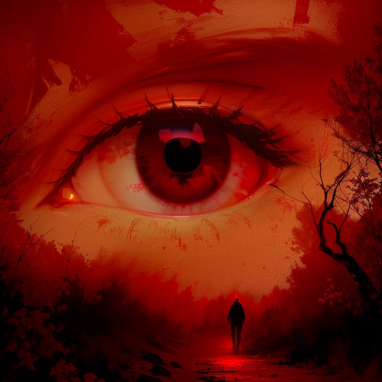 there is a man walking in the dark with a Red Eye, Kamokuchi, Red eyes, Red glowing eyes, blood Red Eyes, large Red Eyes, Red Eyes, fiery scorching Red Eyes, fully Red Eyes, Red Eye, deep Red Eyes, with a Red Eyes, watery Red Eyes, bright Red Eyes, Red eyes, Red eyes