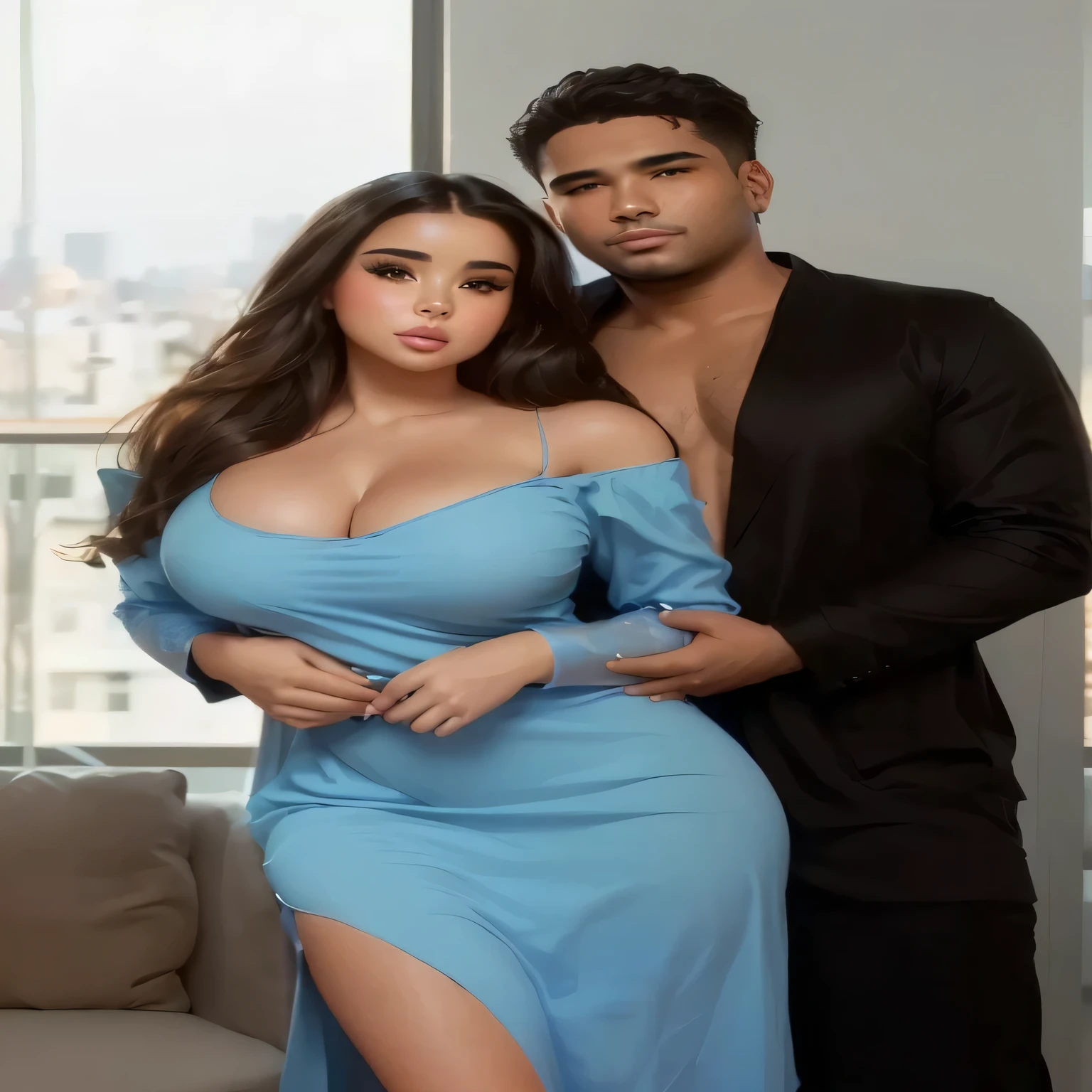 a man and woman posing for hot couple picture in a blue dress, in blue dress, dressed in blue, portrait of demi rose, clear portrait of demi rose, wearing blue dress, wearing a blue dress, lovely couple, very attractive and beautiful, portrait demi rose, touching her clothes, attractive photo, demi rose, two models in the frame, revealing clothes, blue dress