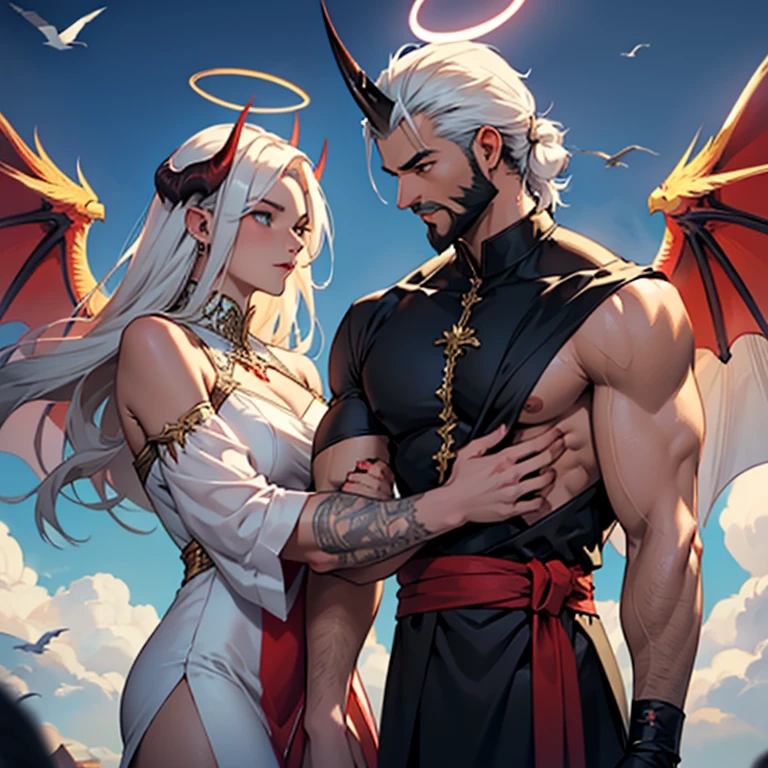Man and woman, female angel and male demon, (Male beard muscular topless demon with horn dragon wing) and (woman silk clothes dress angel with halo and bird wing)