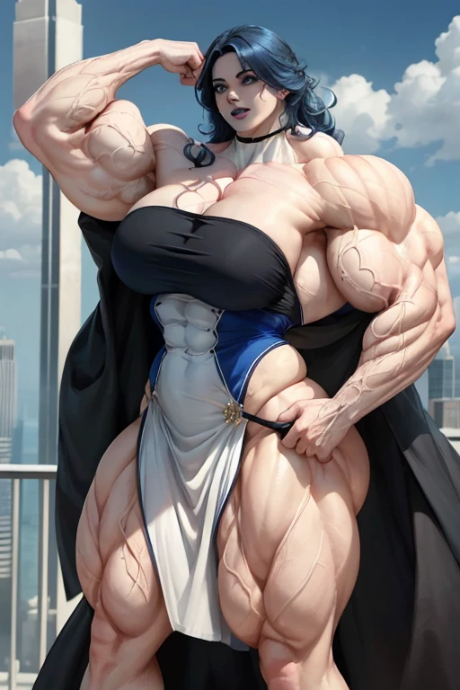 ((((Massive tall, beautiful, buff, pale white skinned muscular woman with royal blue hair, black lipstick, ginormous bulky muscles, winds blowing and wearing a beautiful white long dress)))), (close view), massive muscles, massive biceps, hyper muscle shoulders, massive muscle arms, vascular shoulders, hyper muscle triceps, (long wavy curly hair), white eyes, choker, on top of a skyscraper in a Windy City, confidant smile, hyper vascular arm, hyper muscles arms, hyper muscle legs, (massive arms).
