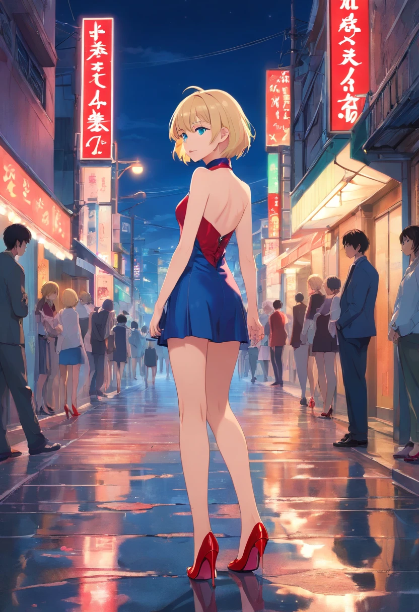 17 years old Women, ((Blonde)), ((Blue eyes)), ((Short hair)), ((Full shot)), very detailed makeup, pale pink lipstick, long earrings, bare shoulders and jewelry necklace, in a backless, ((Red)) strapless latex suit, detailed red ((high heels)), standing looking back showing a slight smile, in a street at night, wet floor