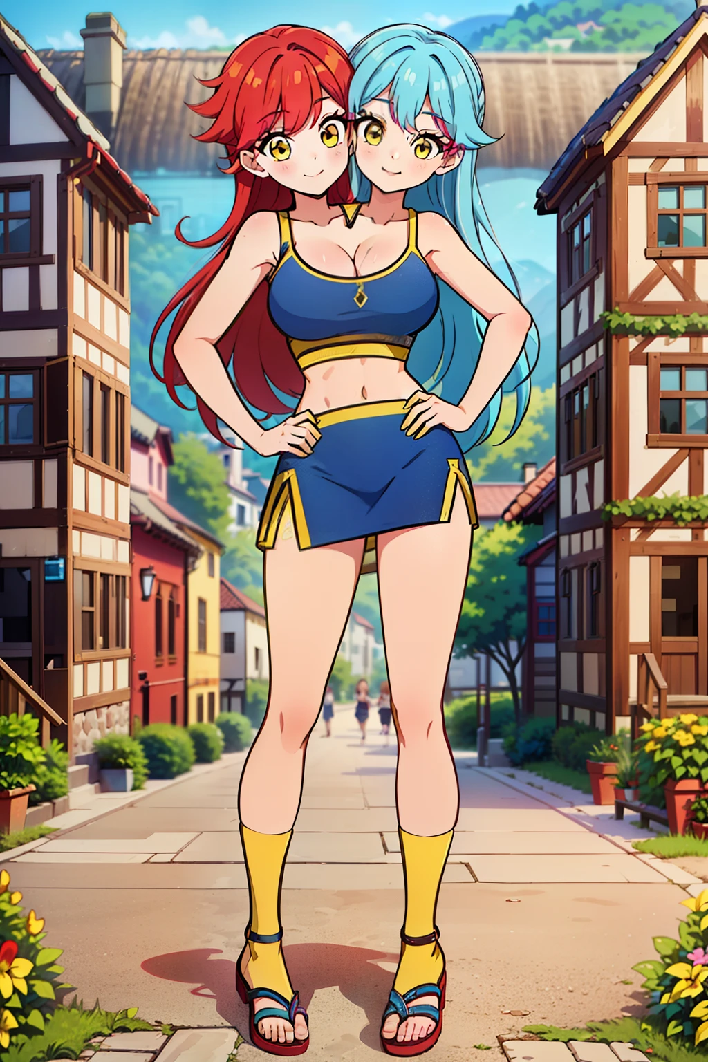 best quality, (masterpiece),(ultra-detailed), (high quality), (high resolution), ((2heads:1.5)), best quality:1.5, highres, UHD, 16K), ((two headed woman)), smiling, highres, masterpiece, ((vibrant red hair:1.5)), ((vibrant blue hair:1.5)), ((different hair colors)), cleavage, ((yellow crop top:1.5)), lustrous and smooth skin, seductive silhouette, rpg fantasy dress, sexy proportions, Beautiful girl with accentuated slender abs, ((full body)), long legs, ((village background:1.5)), ((exposed midriff)), body con dress, strapless, sleeveless, yellow eyes, ((long hair)), ((sandals))