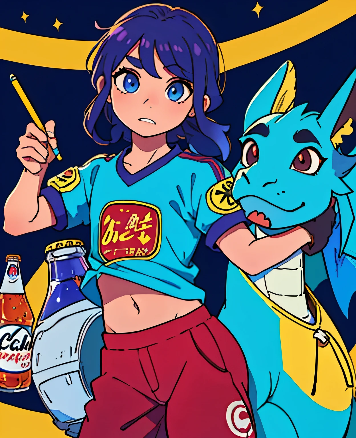 animado, Dragon, colores llamativos, con una larga cola. En la boca destaca el colmillo del lado izquierdo, una cola brillante, pencil, blue sleeves of his football shirt that say LIFE