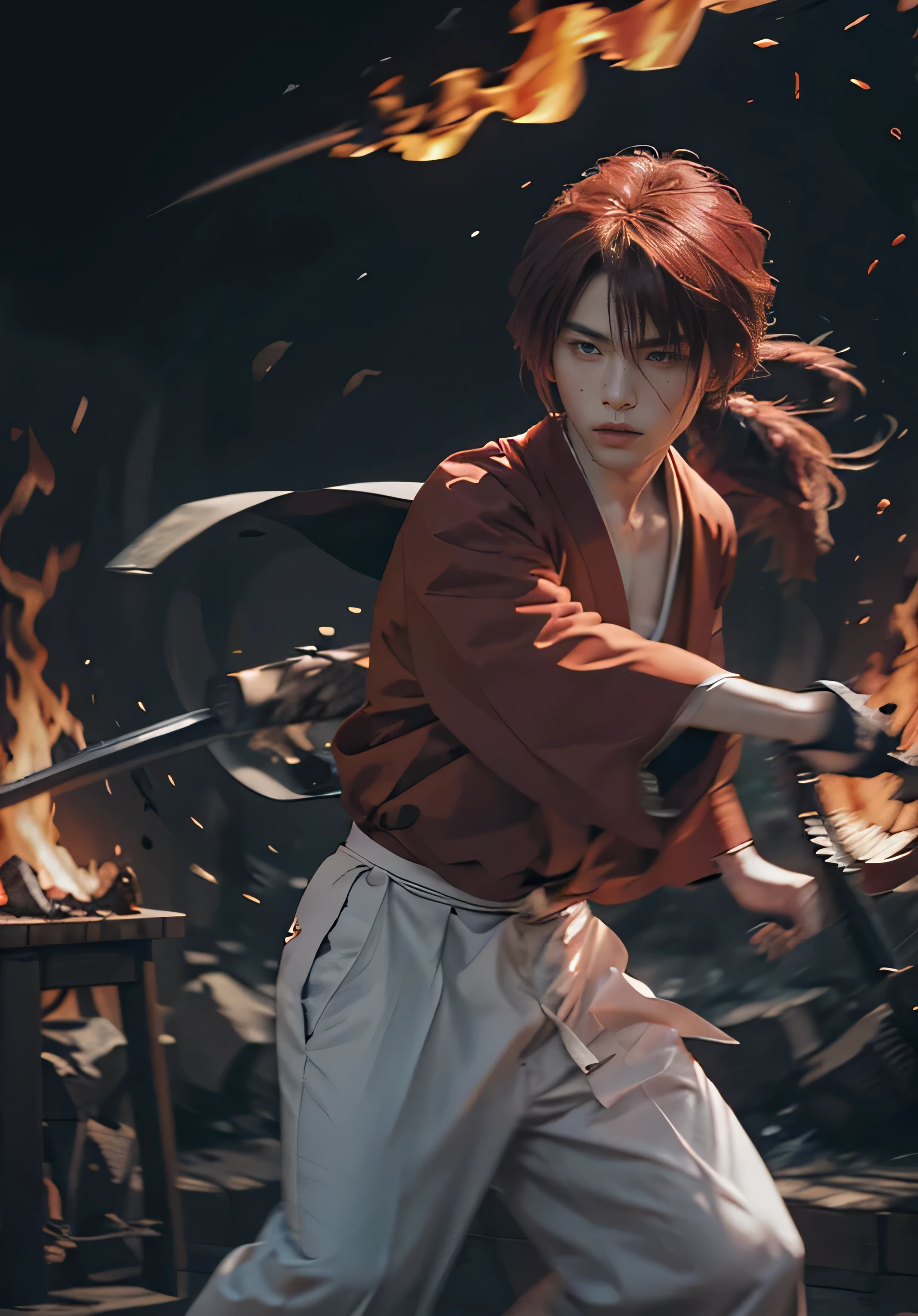 Design amazing postereatures kenshin as the protagonist "Rurouni Kenshin" In the heat of the moment. Capture the essence of his burning determination and indomitable spirit. For he unleashed his anger. Action with a straight sword in hand, Keep it short, Bold, And strongly convey the raw power of Kenshin's anger. Long Hair, ponytail, Red Hair, katana, cross sign in left cheek, High quality, photorealistic, 20-year-old man, holding a Katana in his hand, surrounded by fire. The man has a determined posture, He is wearing a red kimono with intricate patterns, paired with a white hakama .The lighting is realistic, emphasizing the intensity of the scene.