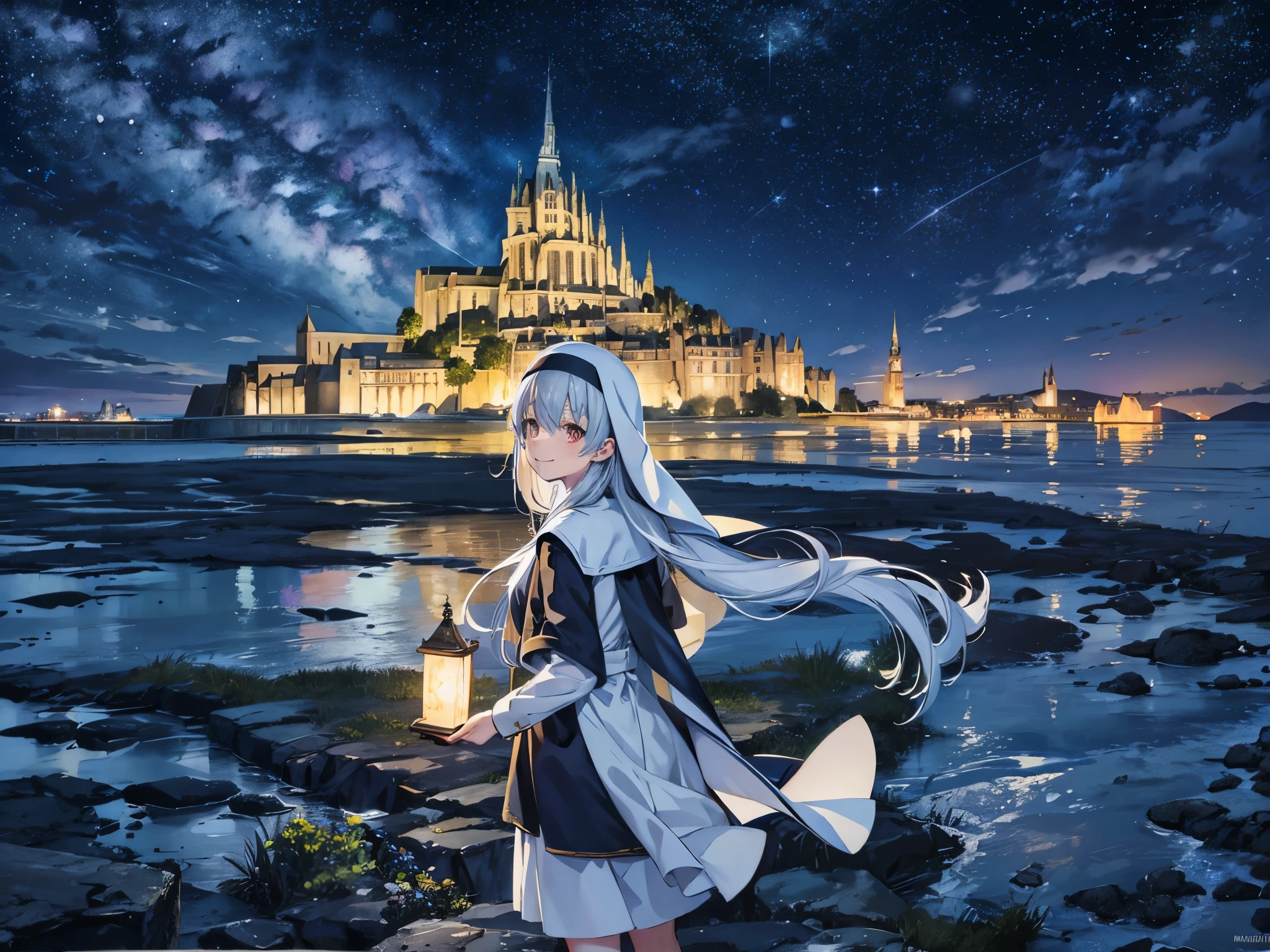 Mont Saint-Michel Abbey floating on the sea、moonlight、Big Moon、Starry Sky、milky way、Light blue long hair、Twin-tailed nun、Adorable smile、
