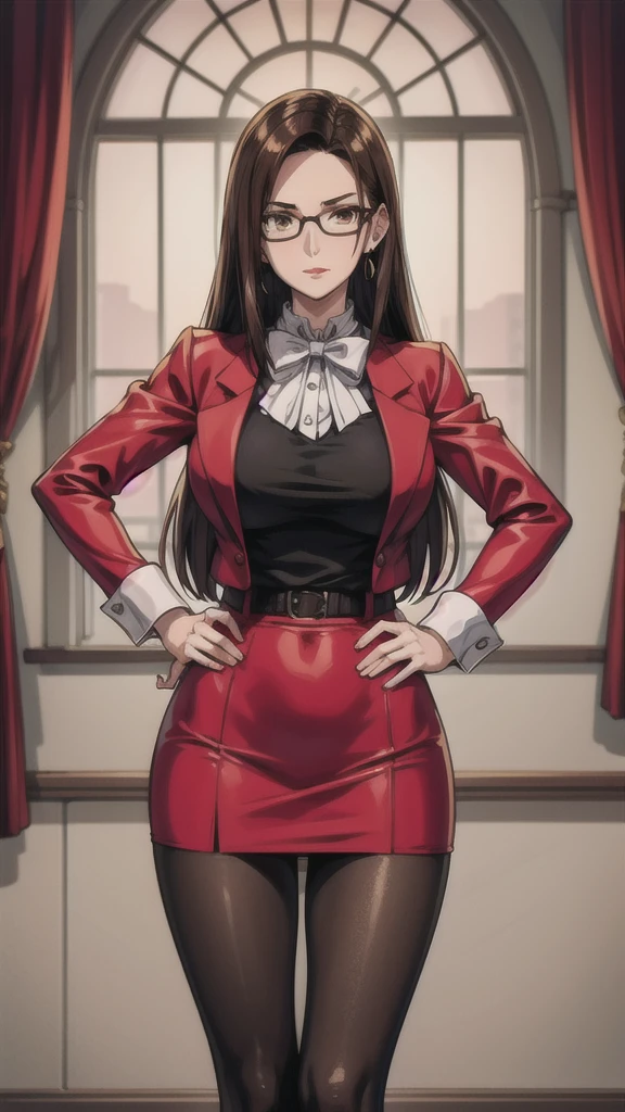 highres, high quality, intricate details, cinematic lighting, shiny,  retro artstyle,
MaiKannazuki, 1girl, mature female, solo, standing, hands on own hips,
(looking at viewer:1.1), closed mouth, determined,
brown hair, long hair, (single sidelock:1.2),  brown eyes, earrings, red lips, glasses,
red blazer, bowtie, puffy long sleeves, red miniskirt, grey pantyhose,
large breasts,
indoors, luxury room, window, mansion, wall,
