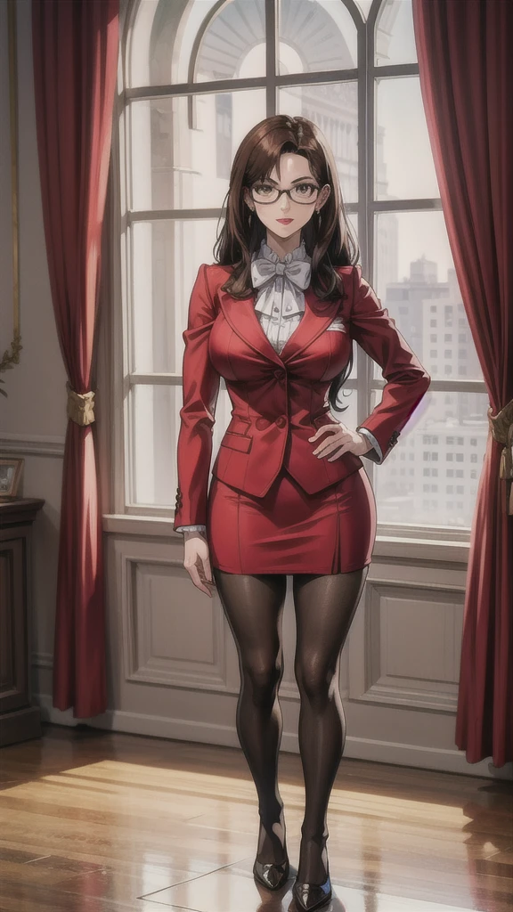 highres, high quality, intricate details, cinematic lighting, shiny,  retro artstyle,
MaiKannazuki, 1girl, mature female, solo, standing, hands on own hips,
(looking at viewer:1.1), closed mouth, determined,
brown hair, long hair, (single sidelock:1.2),  brown eyes, earrings, red lips, glasses,
red blazer, bowtie, puffy long sleeves, red miniskirt, grey pantyhose,
large breasts,
indoors, luxury room, window, mansion, wall,
