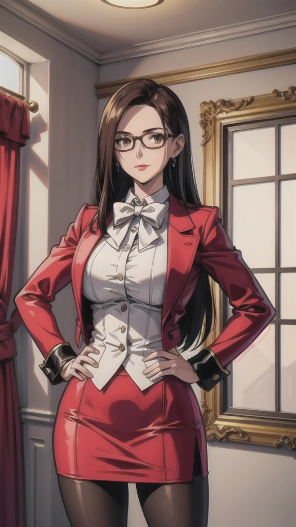 highres, high quality, intricate details, cinematic lighting, shiny,  retro artstyle,
MaiKannazuki, 1girl, mature female, solo, standing, hands on own hips,
(looking at viewer:1.1), closed mouth, determined,
brown hair, long hair, (single sidelock:1.2),  brown eyes, earrings, red lips, glasses,
red blazer, bowtie, puffy long sleeves, red miniskirt, grey pantyhose,
large breasts,
indoors, luxury room, window, mansion, wall,
