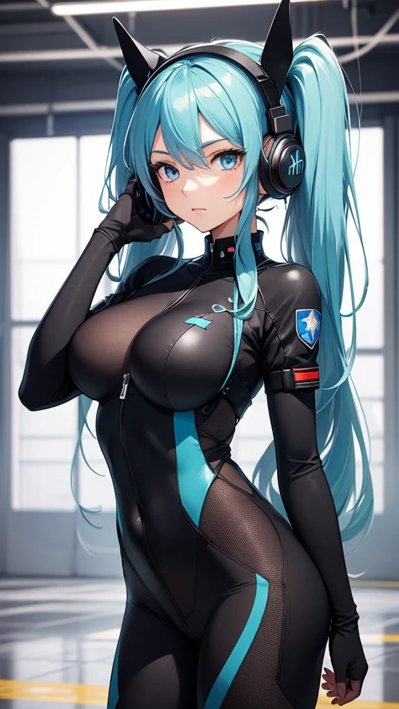 {{{{{masterpiece, best quality, official art, 8k, high resolution illustration}}}}}, hatune miku VOCALOID, twin tails, light blue eyes, light blue hair, big breasts, Generate an image of a cute "2d japanese hand drawn anime style" girl in a smooth curve, matte black bodysuit inspired by a futuristic stealth bomber. She has accessories which include unique plane tail-ear headphones. The United States Air Force logo is visible on her outfit. she is standing on a runway in a military airport her gaze is angled about 30 degrees to the side