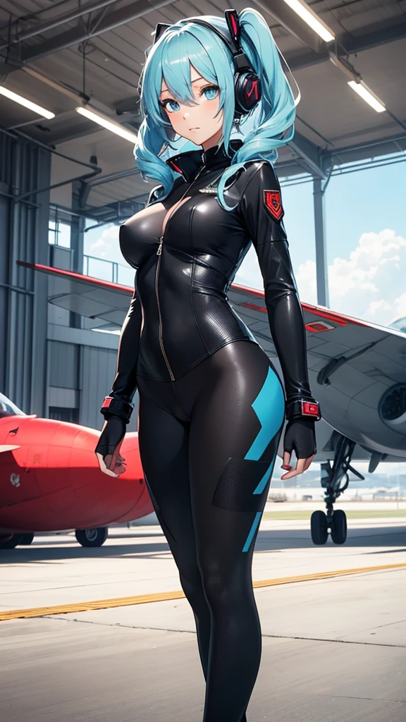 {{{{{masterpiece, best quality, official art, 8k, high resolution illustration}}}}}, hatune miku VOCALOID, twin tails, light blue eyes, light blue hair, big breasts, Generate an image of a cute "2d japanese hand drawn anime style" girl in a smooth curve, matte black bodysuit inspired by a futuristic stealth bomber. She has accessories which include unique plane tail-ear headphones. The United States Air Force logo is visible on her outfit. she is standing on a runway in a military airport her gaze is angled about 30 degrees to the side