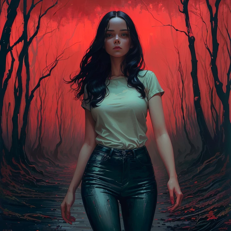Painting of a woman walking through a forest with a red sky, Woman in the dark forest, Casey Weldon, eerie art style, Standing in a dark forest, In the art style of Bouwater, Girl walking in dark forest, Charlie Bowater&#39;s art style, Spooky and gloomy art style, With eyes that glow red, Charlie Bowter&#39;s Style, Elegant horror art