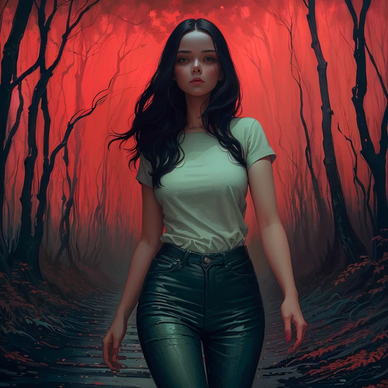 Painting of a woman walking through a forest with a red sky, Woman in the dark forest, Casey Weldon, eerie art style, Standing in a dark forest, In the art style of Bouwater, Girl walking in dark forest, Charlie Bowater's art style, Spooky and gloomy art style, With eyes that glow red, Charlie Bowter's Style, Elegant horror art