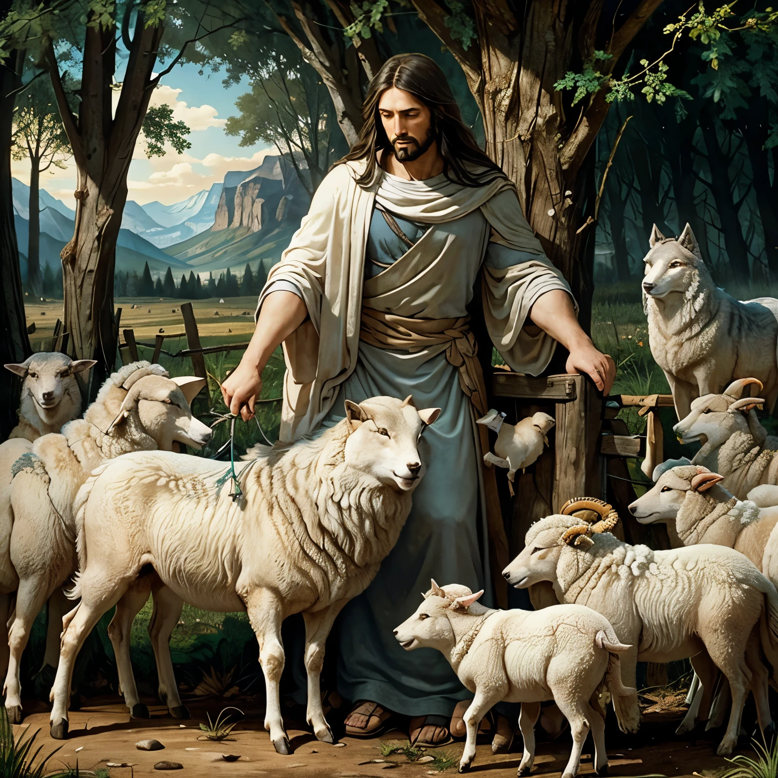 Jesus protects the sheep from attacks by wolves