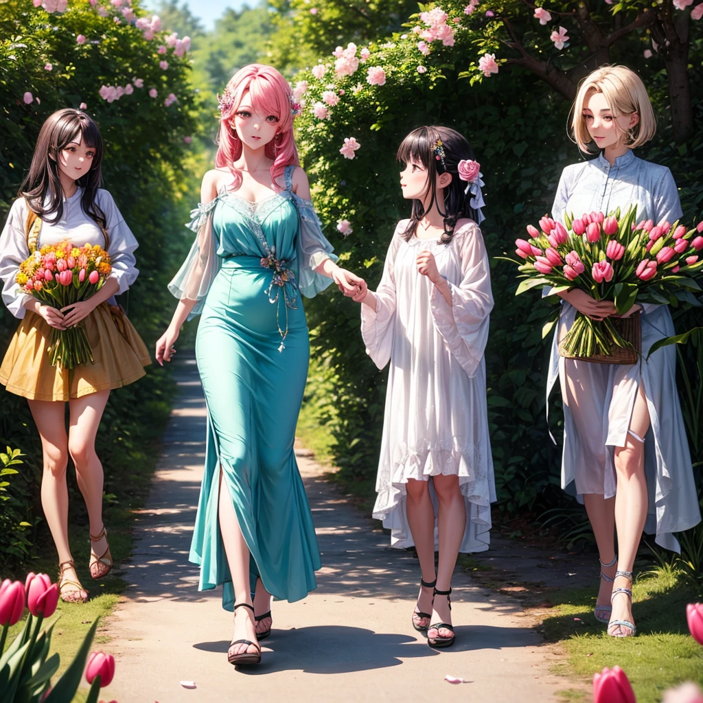 Imagine a character, born in the forest, she is a mixture of human and flower, her face and clothes are a mixture of various flowers such as roses, cherry blossoms and tulips, full body character, focus more on the character than on the scenery , 4K, detailed, vibrant