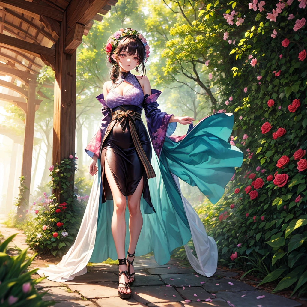 Imagine a character, born in the forest, she is a mixture of human and flower, her face and clothes are a mixture of various flowers such as roses, cherry blossoms and tulips, full body character, focus more on the character than on the scenery , 4K, detailed, vibrant