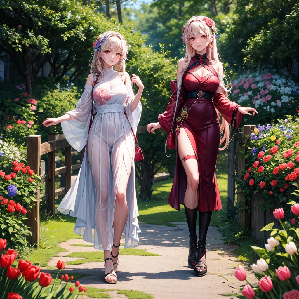 Imagine a character, born in the forest, she is a mixture of human and flower, her face and clothes are a mixture of various flowers such as roses, cherry blossoms and tulips, full body character, focus more on the character than on the scenery , 4K, detailed, vibrant