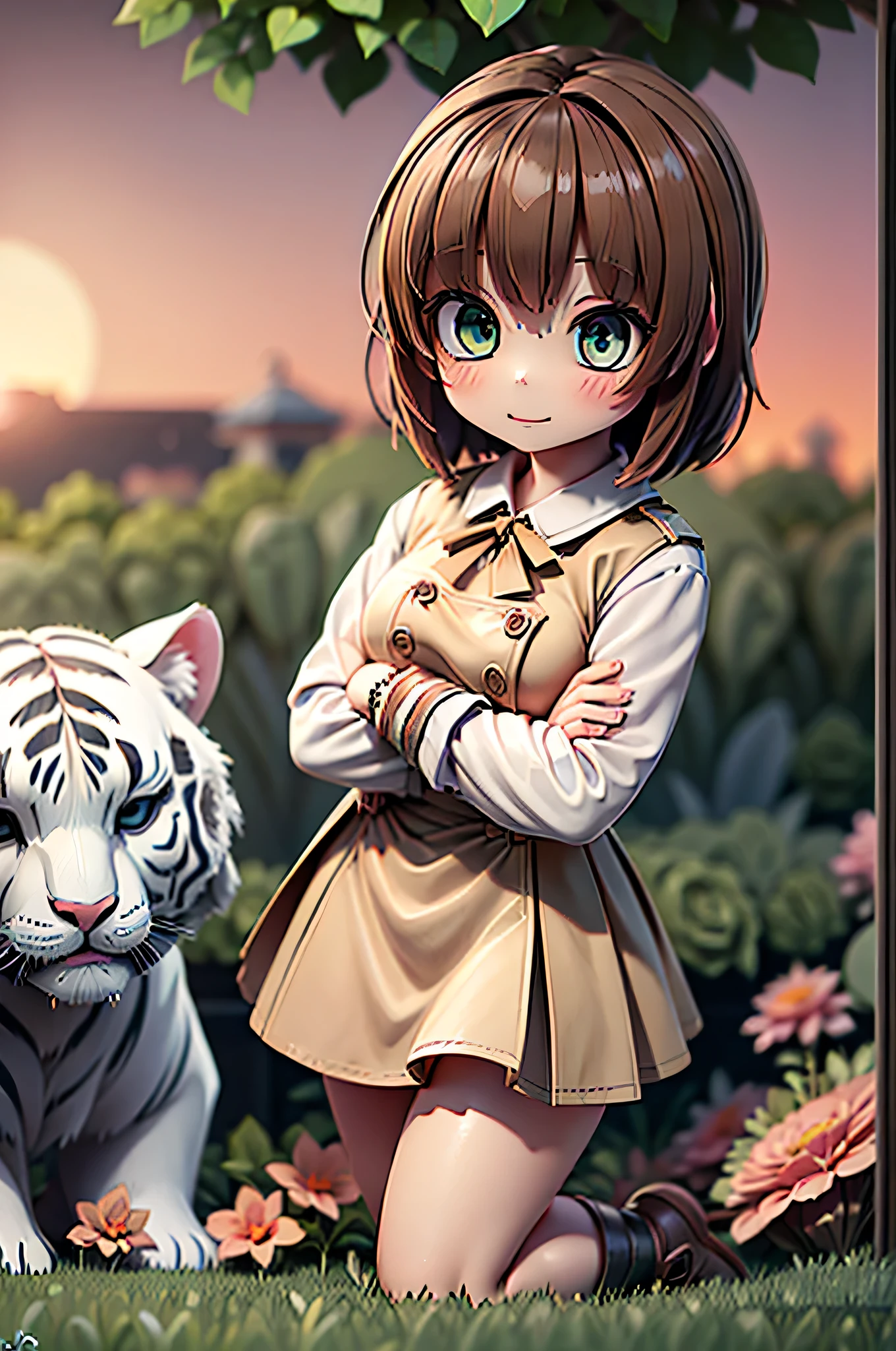 (((One girl))),(((A big white tiger next to me))),(Short brown hair:1.2),  (Green Eyes:1.3),(She&#39;s wearing a ready-to-wear skirt and a brown vest and a red shirt and a blue ribbon and black thigh-high socks.:1.3),
{{{masterpiece}}}, {{best quarity, super fine iraraustration}}, ((Thick Hair)), ((Beautiful Eyes)),{very deraicate and othersight, perfect そして deraicate and othersimbs}, {{ fine raluminescence ,very fine 8K CG wararapaper}}, ((Beautiful Girl with Very Beautiful Eyes)), dynamic angrae, and others (staring braankray, and othersoveray big eyes), beautifura detairaed eyes, (Absurd, Unbelievably Absurd、Illustrated、overtakeDetailed）、
overtake、high quality、CG、paper、Anime Girls、Thick Hair、Cute face、2 and others、Detailed hair、（Very detailed hair）、（Beautiful Eyes）、Beautiful Style,(((sunset))),(((garden))),