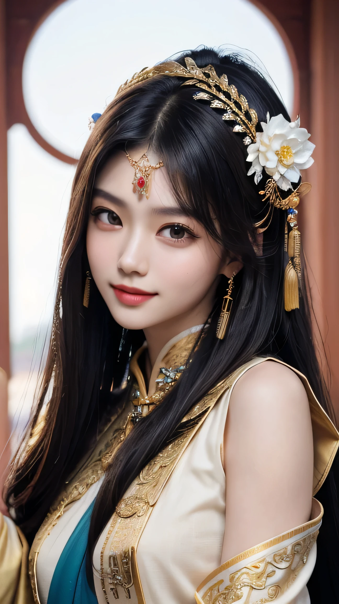 Best quality, masterpiece, ultra high res, photorealistic, (full shot:1.5), (1 girl),(long hair),(hair ornament:1.4),there is an ancient palace beside the girl, traditional chinese clothing, sharp focus, great body, random pose reference, monolid eyes, high bridged pointed nose, v-shaped face, pale skin, smile, bokeh