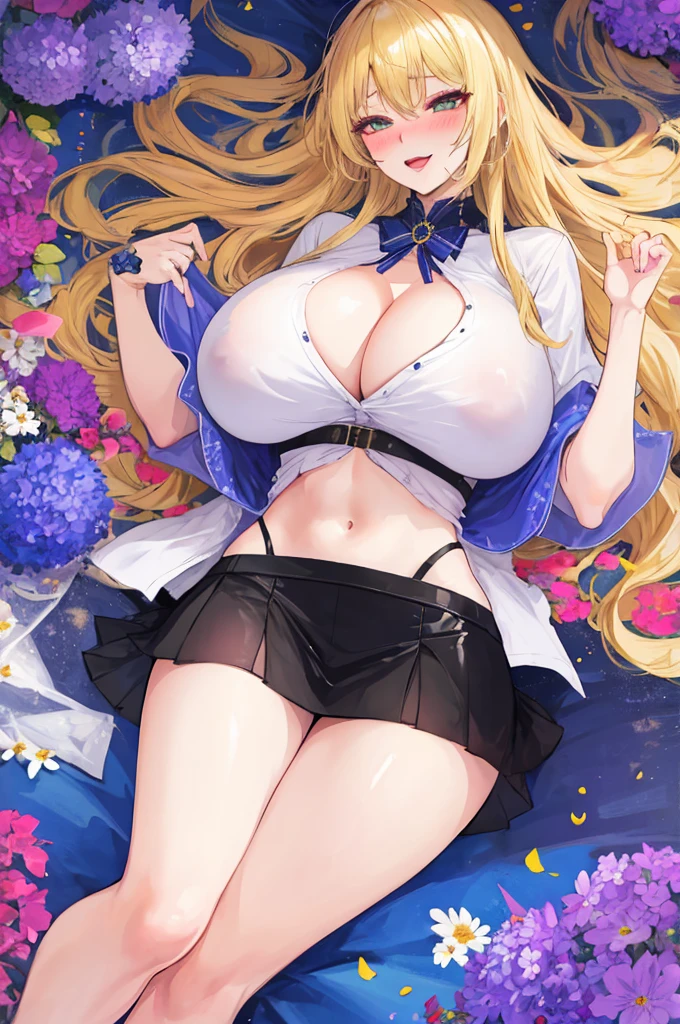 A woman with big ,Gorgeous woman,Mature,((ahegao)),Beautiful Wife,Long blond hair,Exquisite,Cleavage,Transparent shirt,miniskirt,Slim waist,Showing belly,Smooth legs,blush,Lying in the flowers,Colorful flowers,
