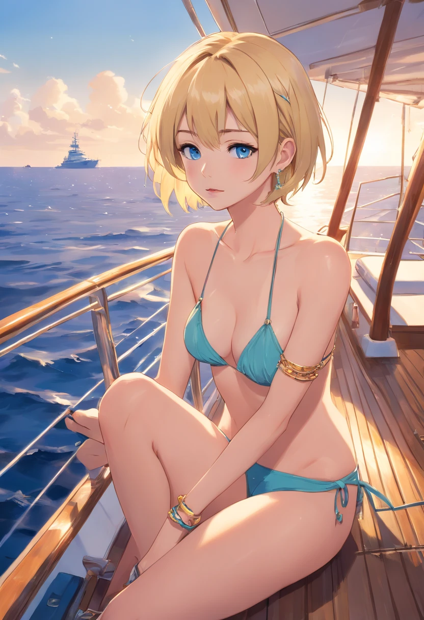 Women, ((Blonde)), ((Blue eyes)), ((Short hair)), ((Full shot)), very detailed makeup, pale pink lipstick, long earrings, bare shoulders and jewelry necklace, resting on the deck of a yacht, dressed in a yellow bikini, with gold bracelets on her arm