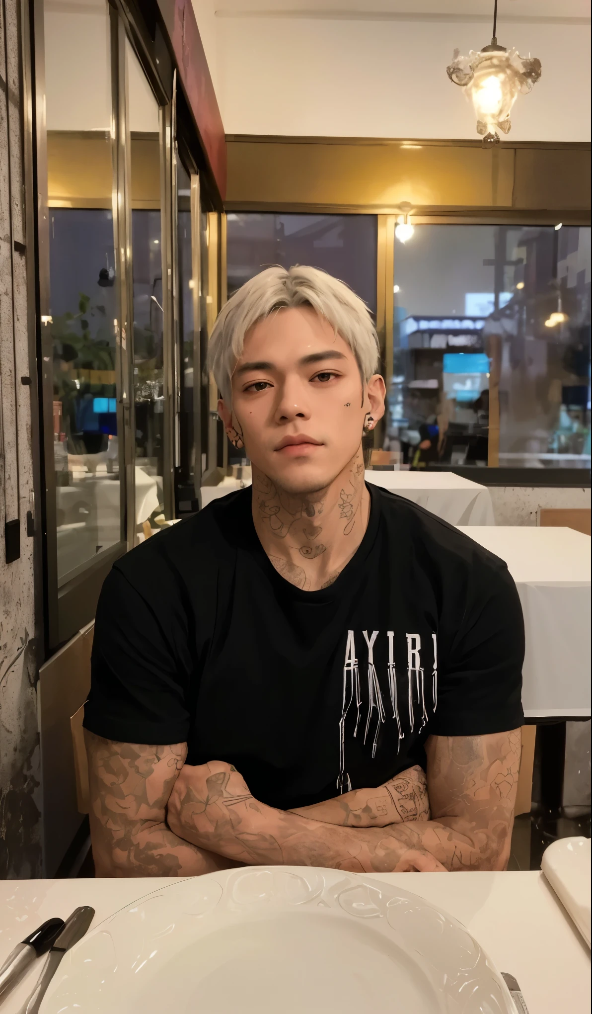 Hombre arafed con tatuajes en los brazos y el brazo apoyado sobre una mesa., taehyung, hyperArte realistastyle, inspirado por Yanjun Cheng, fotorrealista!!!!!!! Artistic style, Retrato de ultra realista, handsome japanese demon boy, Cai Xukun, inspirado por Gang Se-hwang, Estilo Hajime Sorayama, Arte realista, Hiperrealismo!!, Arte realista