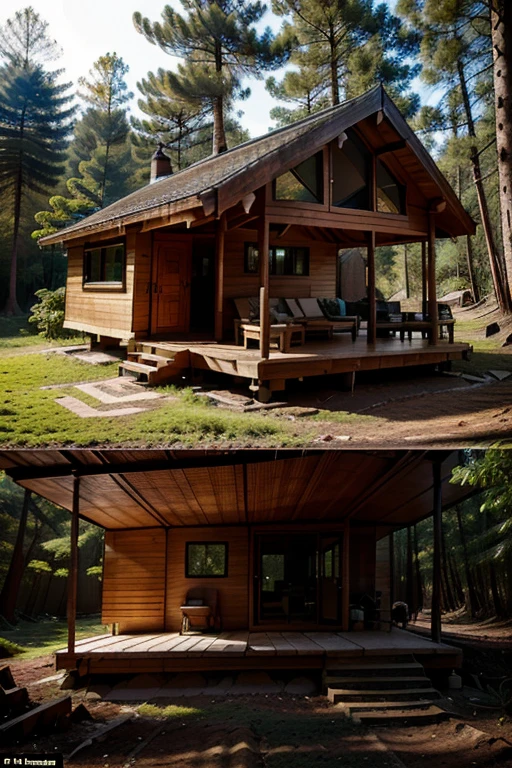 Draw a dugout house in the forest and show how it looks both above the ground and underground from the inside.. if it’s as if the ground is transparent so that the whole house can be seen at once.