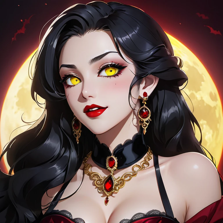 A captivating close-up of a sultry anime vampire in an alluring pose. Her long, black, wavy hair cascades down her shoulders, framing her intense yellow eyes and thick eyebrows. Her sharp teeth are visible as her slightly parted red lips curl into a seductive smile. She dons a lavish chest-revealing outfit adorned with intricate jewelry on her collarbone and a high collar. The background portrays a dramatic, dark atmosphere with a haunting full moon casting a silvery glow., anime