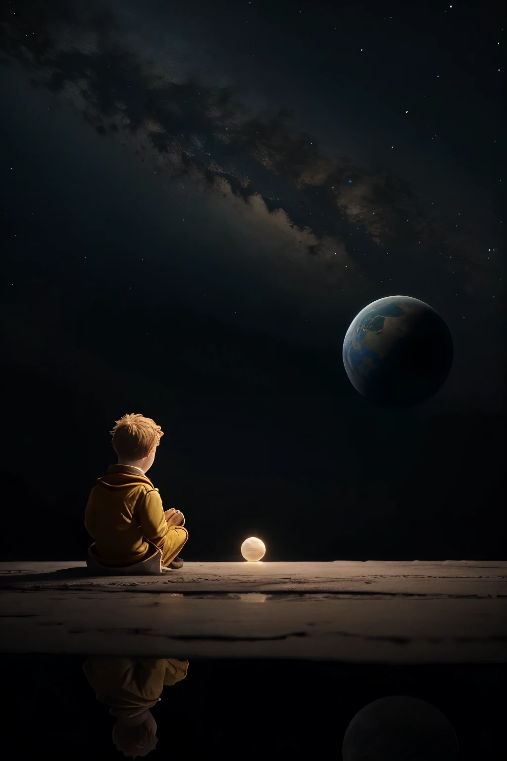 Visualize the Little Prince meeting a king on a small planet who rules over nothing but his own solitude, prompting reflections on the nature of power and loneliness