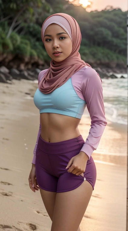 mira filzah sexy seducing pose, sunrise beach, morninira filzah:1.3), wearing hijab, pastel color hijab, red pastel short gym outfit, , small breast, flat chest, wide waist, thick thighs, bright lighting, plum camel toe, wet camel toe, wet, high quality, detail face, 4k, ray lighting,
