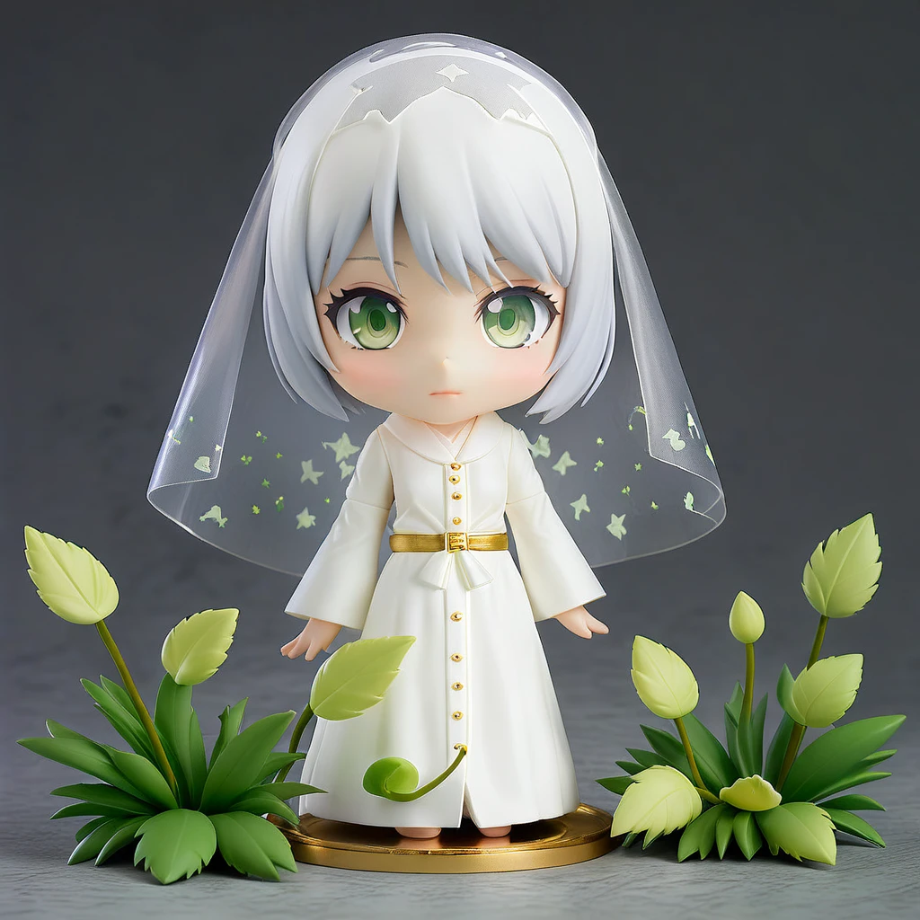 Very detailed,(Highest quality),((masterpiece)),(High resolution),original,Very detailed 8k 壁紙,(Very delicate and beautiful),Highest_hand,anime,(\Buttoned\),four leaf grass print,One girl, alone, View your viewers, 1 albino female priest with very short hair, wearing a white veil, Wearing a milky white robe, He wears thin and light armor and carries a long holy staff.、With the old castle in the background
