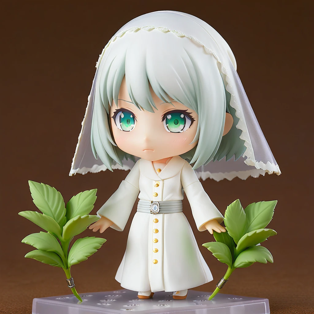 Very detailed,(Highest quality),((masterpiece)),(High resolution),original,Very detailed 8k 壁紙,(Very delicate and beautiful),Highest_hand,anime,(\Buttoned\),four leaf grass print,One girl, alone, View your viewers, 1 albino female priest with very short hair, wearing a white veil, Wearing a milky white robe, He wears thin and light armor and carries a long holy staff.、With the old castle in the background
